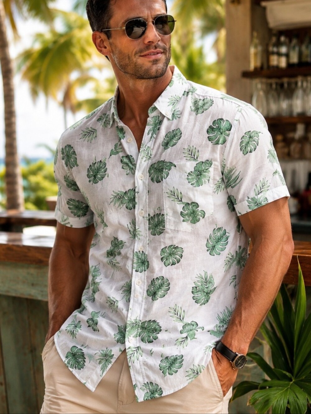 Heritage Mens XL Tropical Leaf Print Linen Button Down Shirt NWT Hawaiian Resort